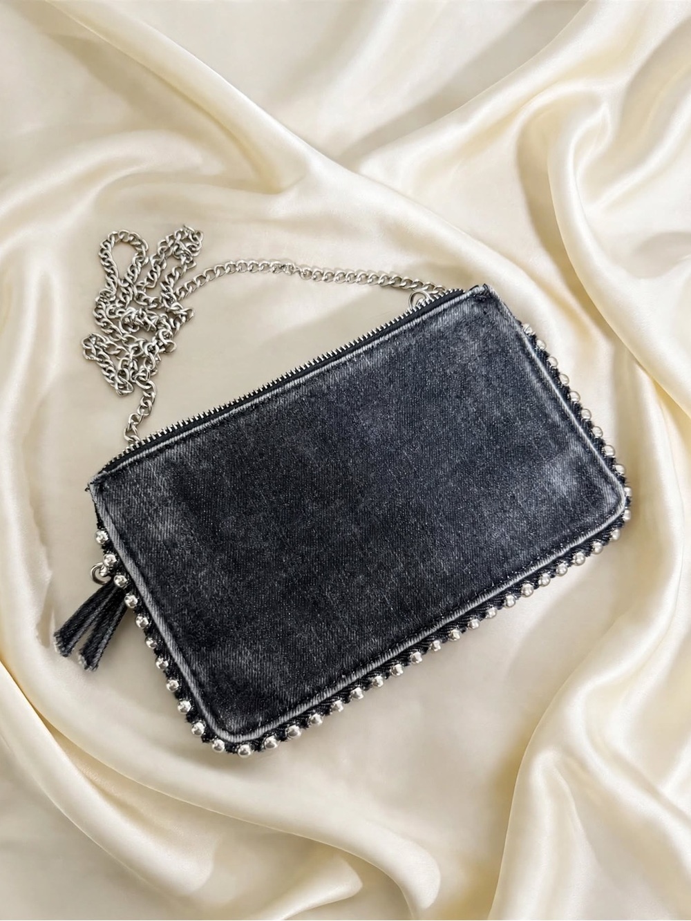 ZARA Black Denim 3-Pocket Studded Crossbody Bag